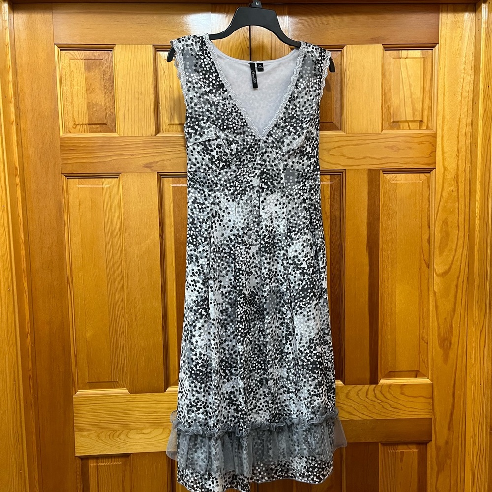 Lovely black, white and grey tea length dress with embellishments